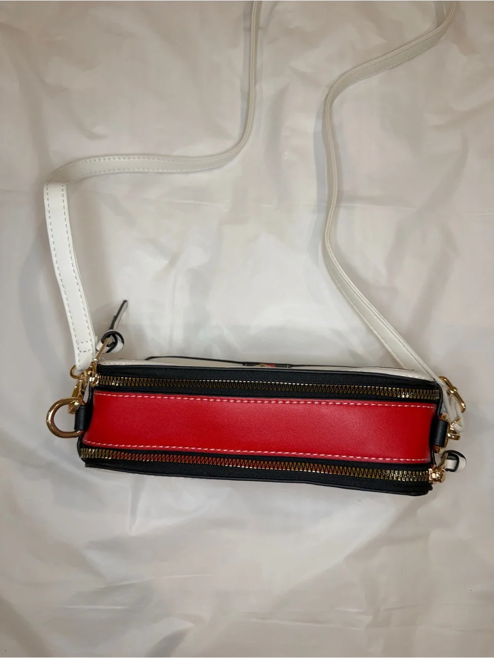 White Crossbody Bag with Red and Black Stripe and Gold Bee Accent